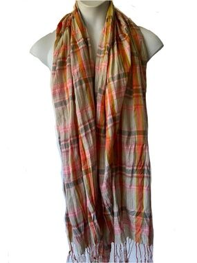 Plaid Preppy Boho Festival Scarf Shawl Fringed Green & Peach 72 by 27